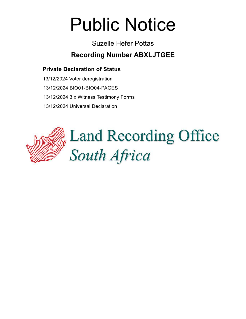 Public notice Suzelle Hefer Pottas Recording Number ABXLJTGEE